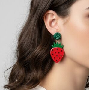 🍓 Strawberry Beaded Dangle Earrings - Red and Green New